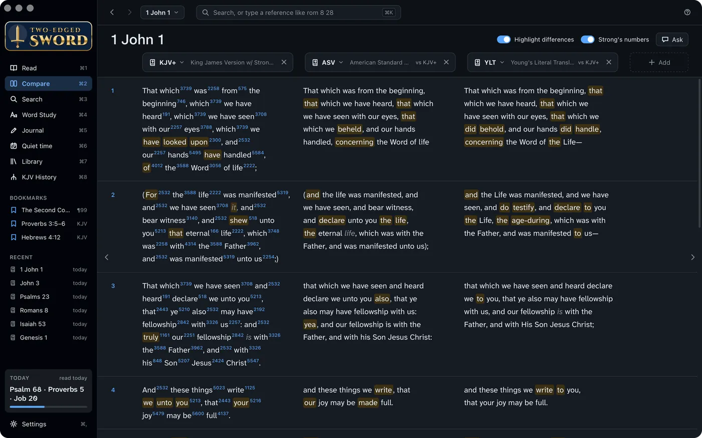 KJV+, ASV and YLT compared, differences highlighted