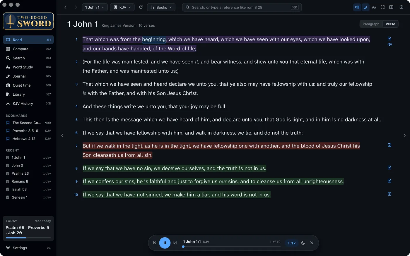 Listening to 1 John 1, the word being spoken highlighted