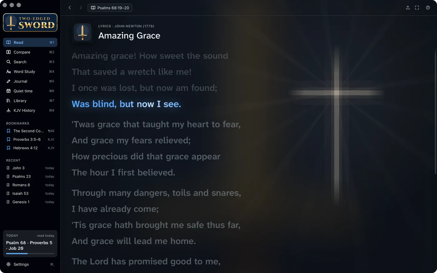 Amazing Grace: the line being sung lit, a cross faintly behind the words