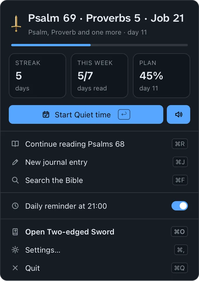 The menu-bar window: today's reading, streak, and Start Quiet time