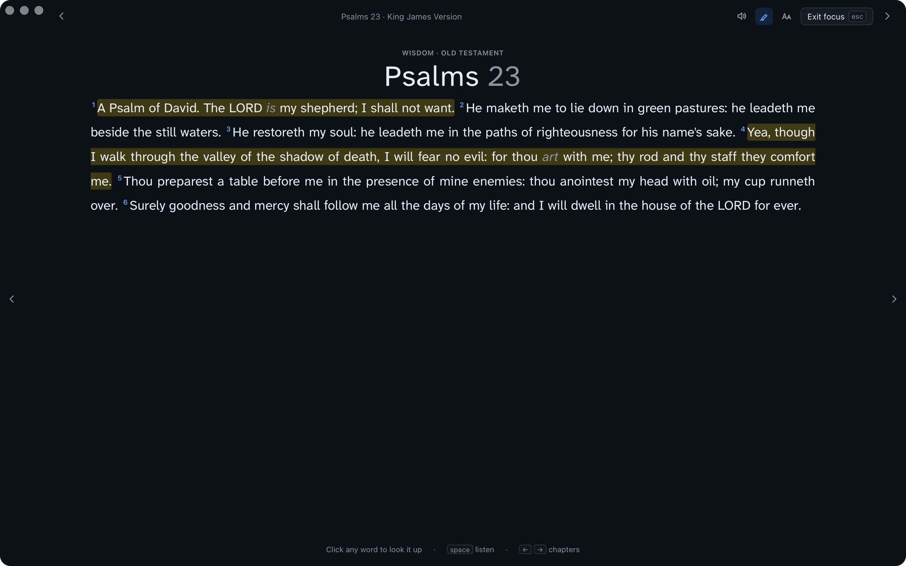 Psalm 23 in focus mode, the text alone across the window