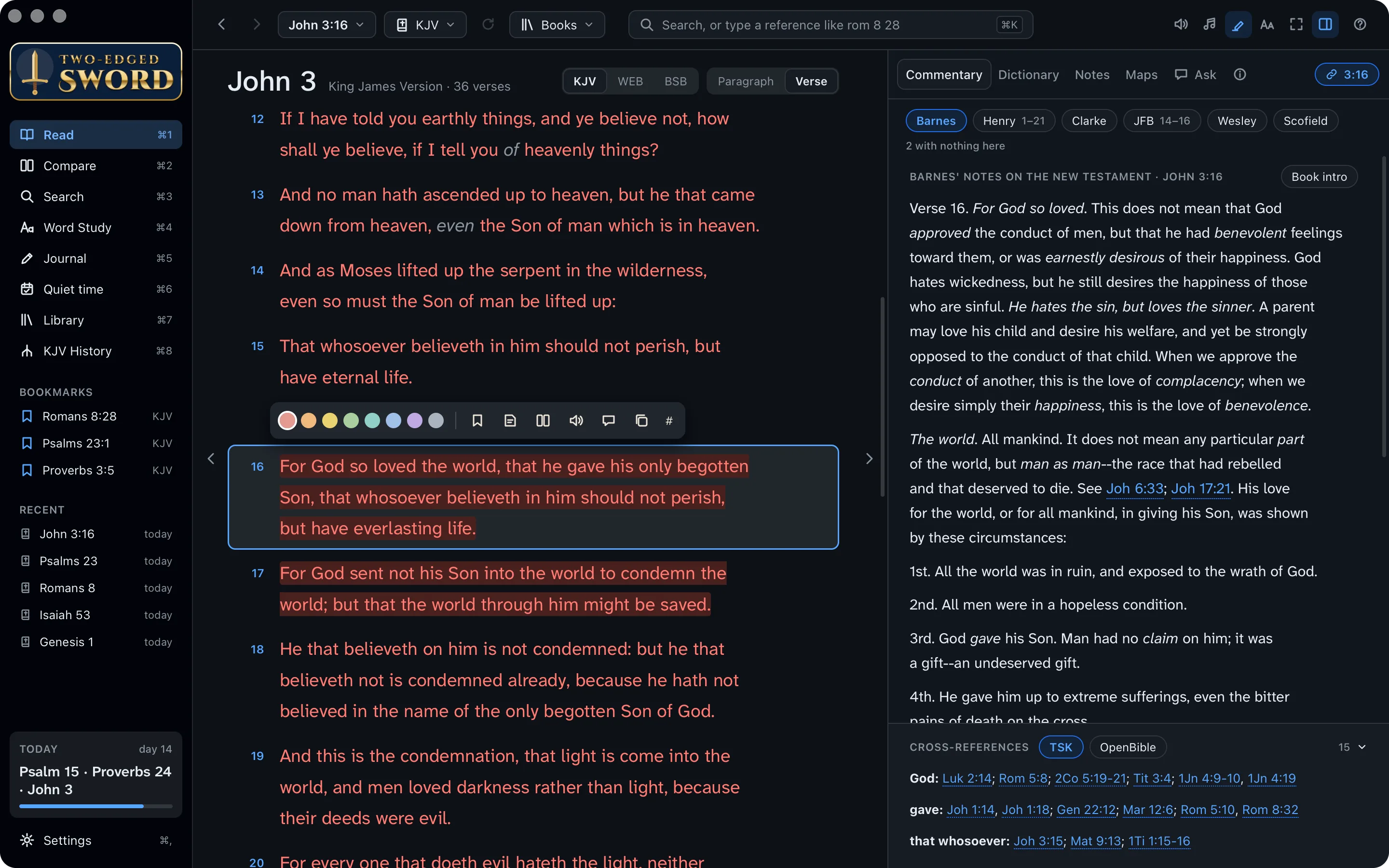 John 3:16 selected, with the commentaries and cross-references on it in the study pane