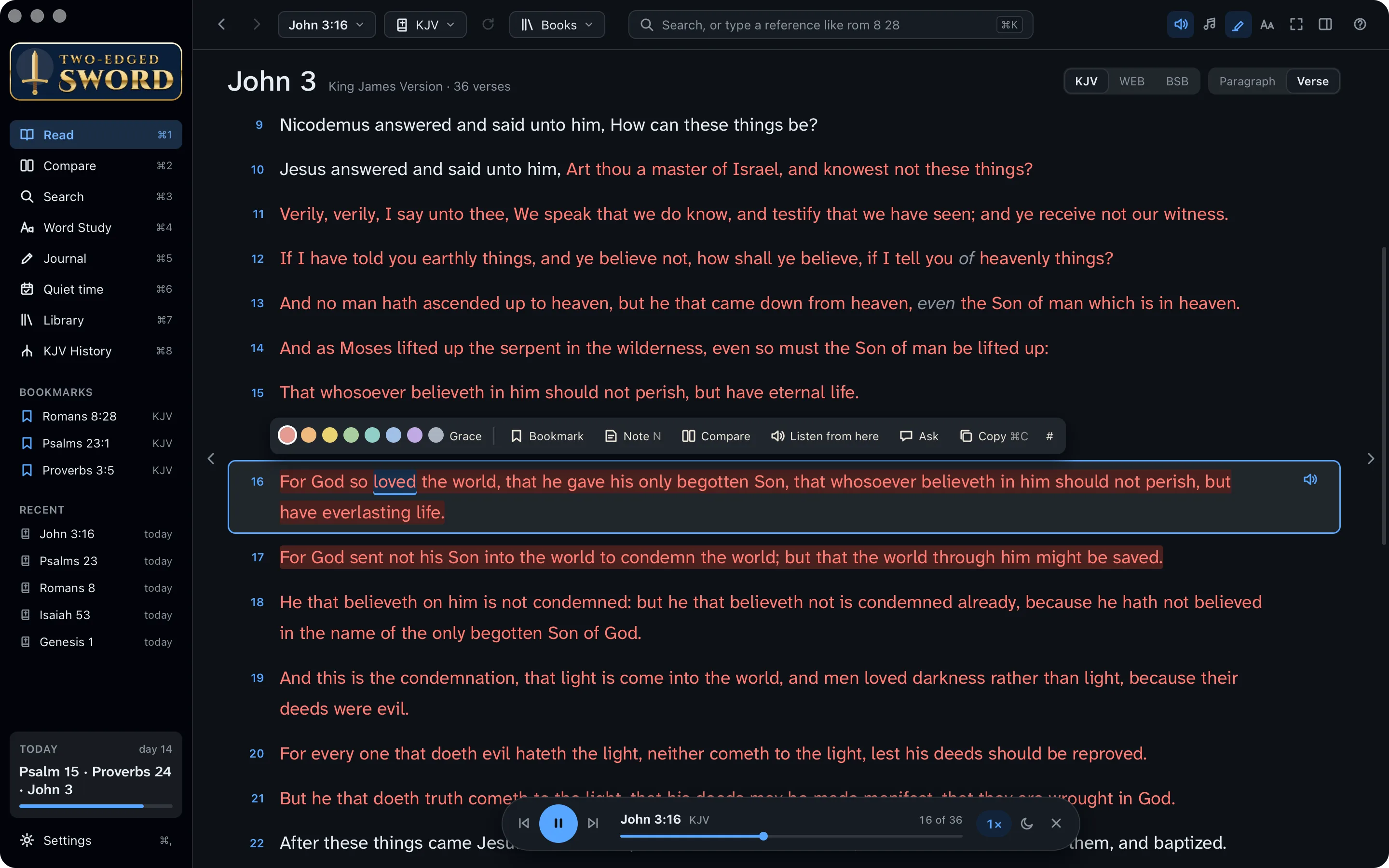 John 3 being read aloud, with the player at the foot of the page