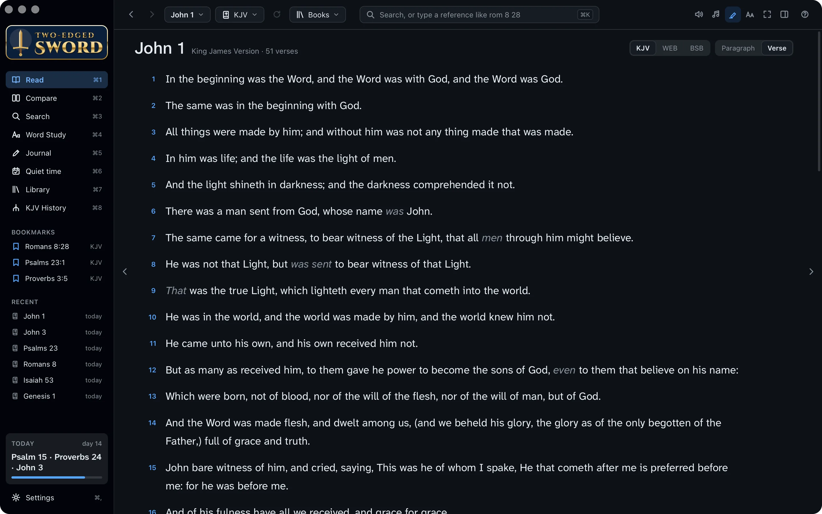 Two-edged Sword open at John 1 in the King James Version