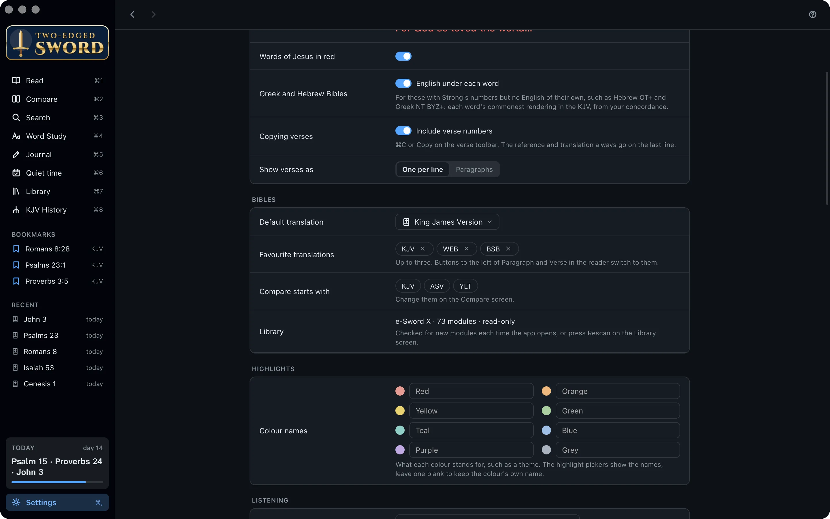 Settings, at Bibles: the default translation, the favourites and the Compare columns