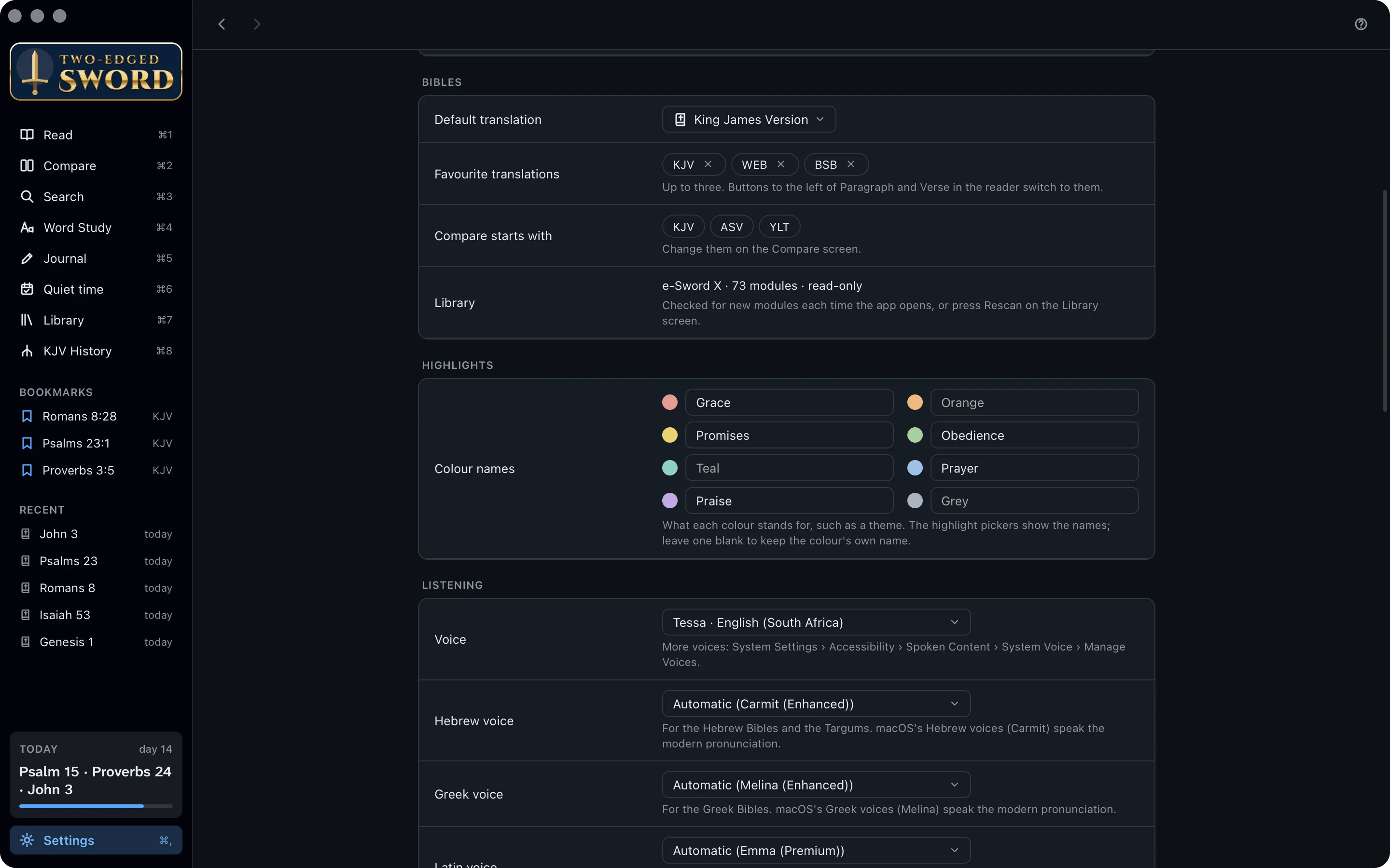 Settings, at Highlights: a name for each colour