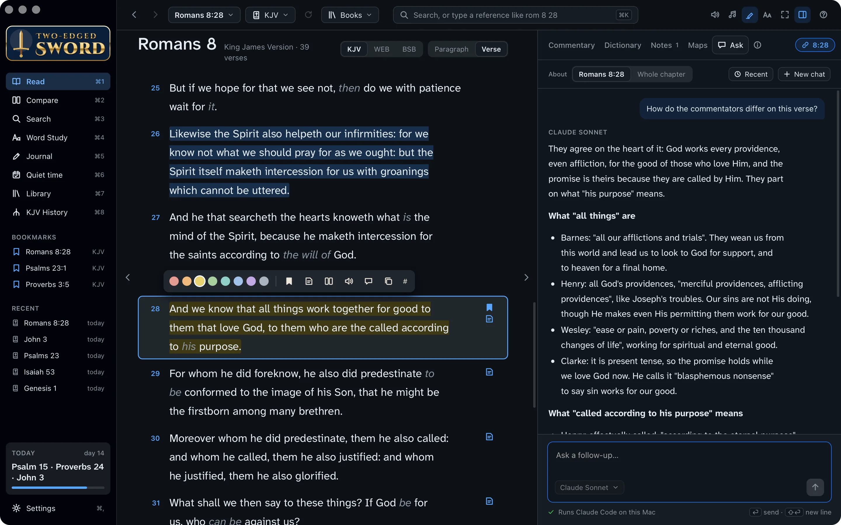 The Ask tab beside Romans 8:28, comparing what Henry, Barnes, Wesley and Clarke say