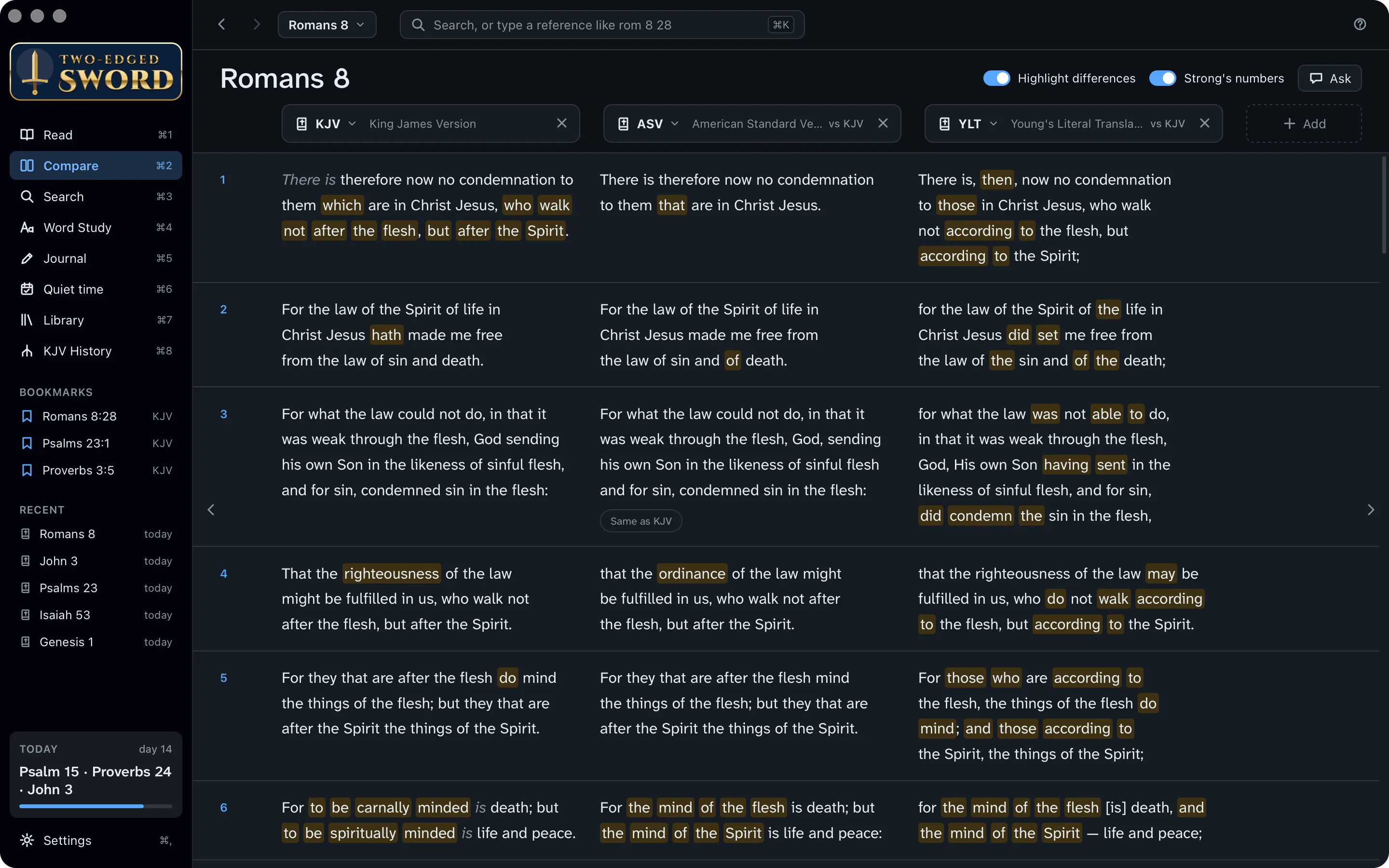 Romans 8 in the KJV, ASV and YLT side by side, with the differences highlighted
