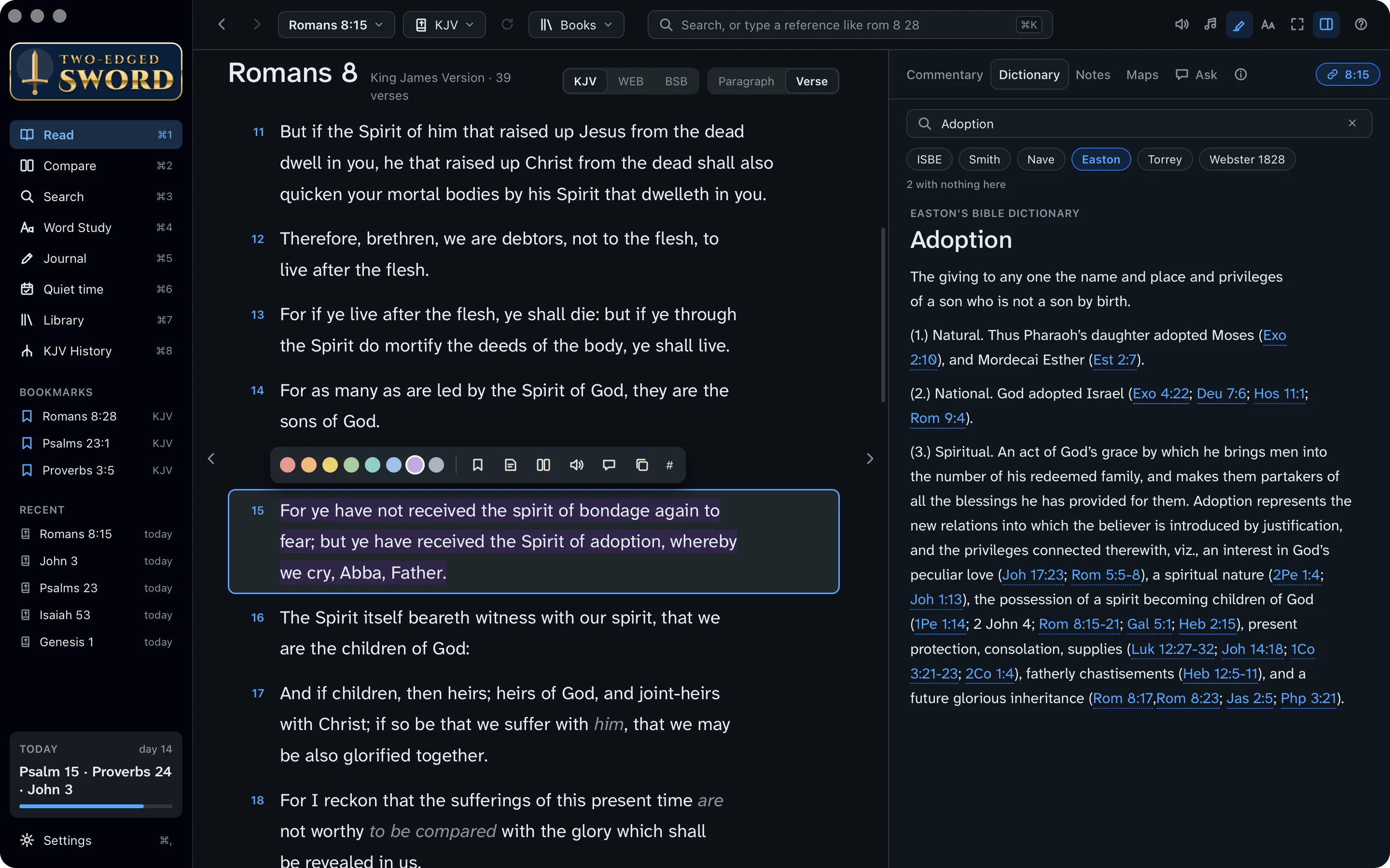 Romans 8 beside the Dictionary tab, open at Easton's article on Adoption