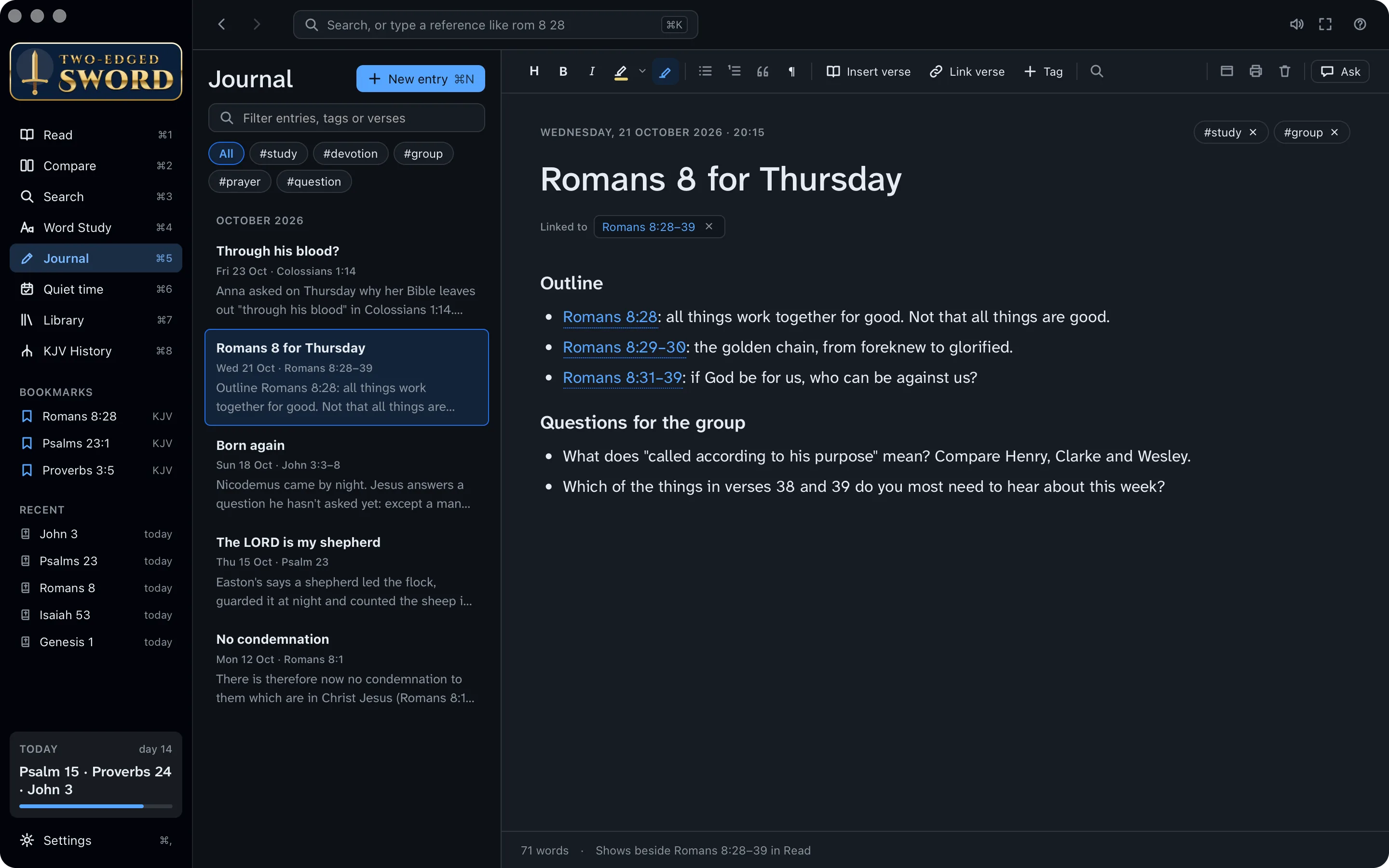 The journal entry Romans 8 for Thursday, with an outline and questions for the group