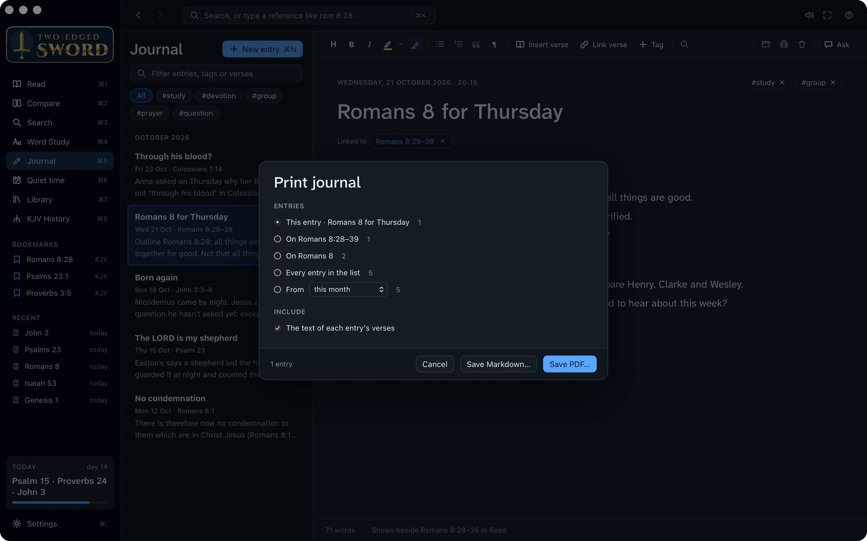 The Print dialog for the journal entry, with its options