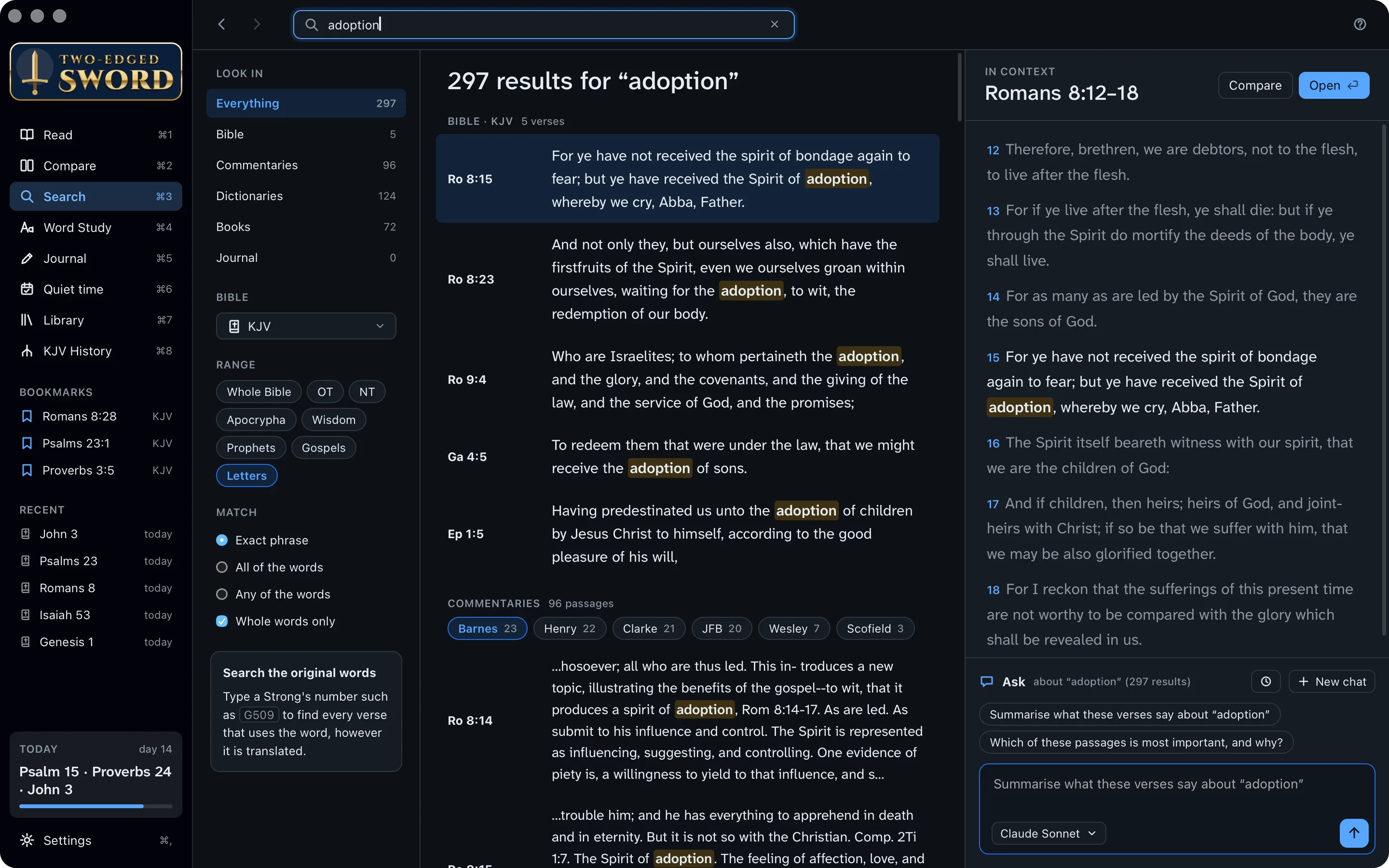 Search for adoption in the Letters, with Romans 8:15 in context beside the results