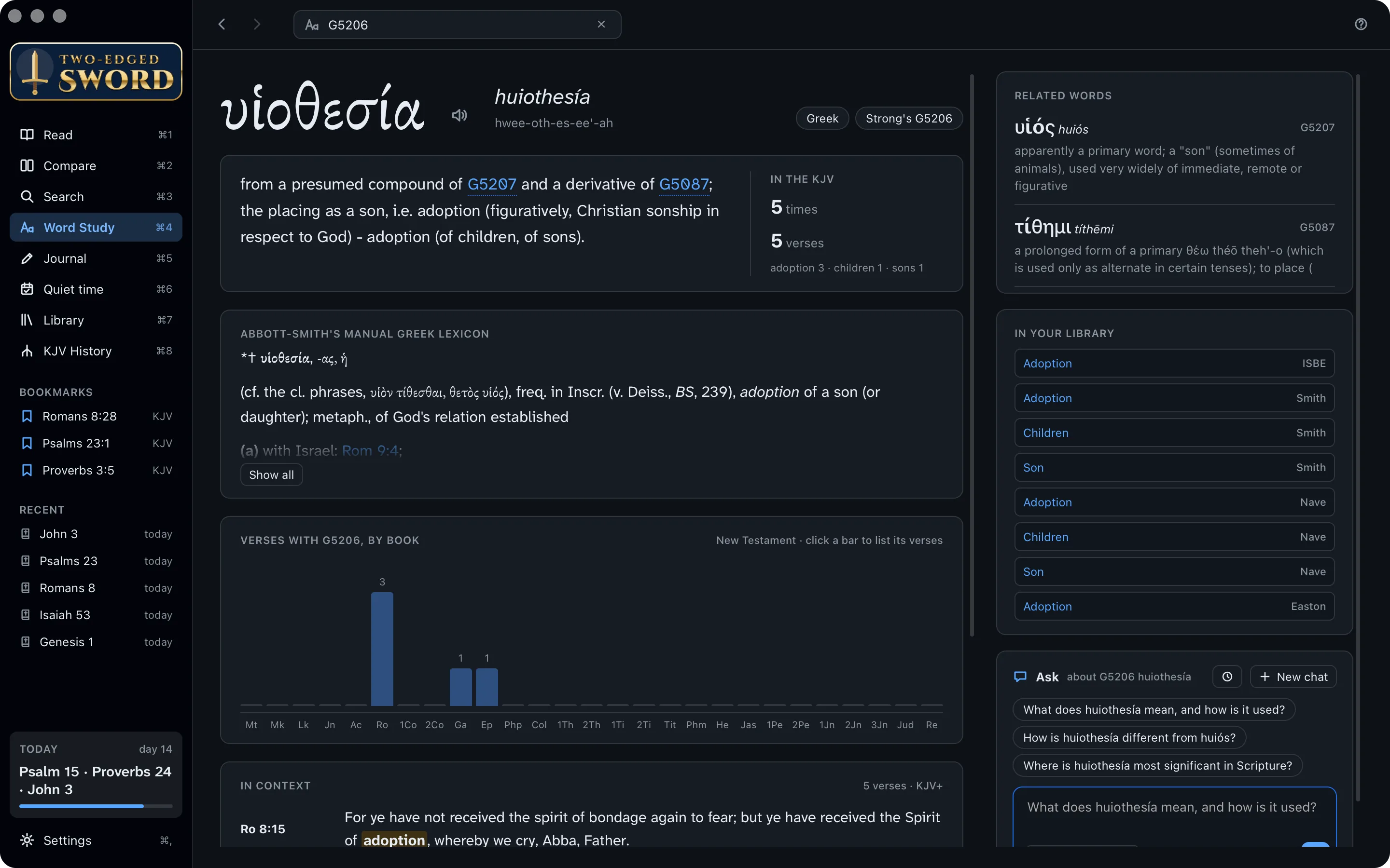 Word Study for G5206, huiothesia: its lexicon entries and every verse that uses it