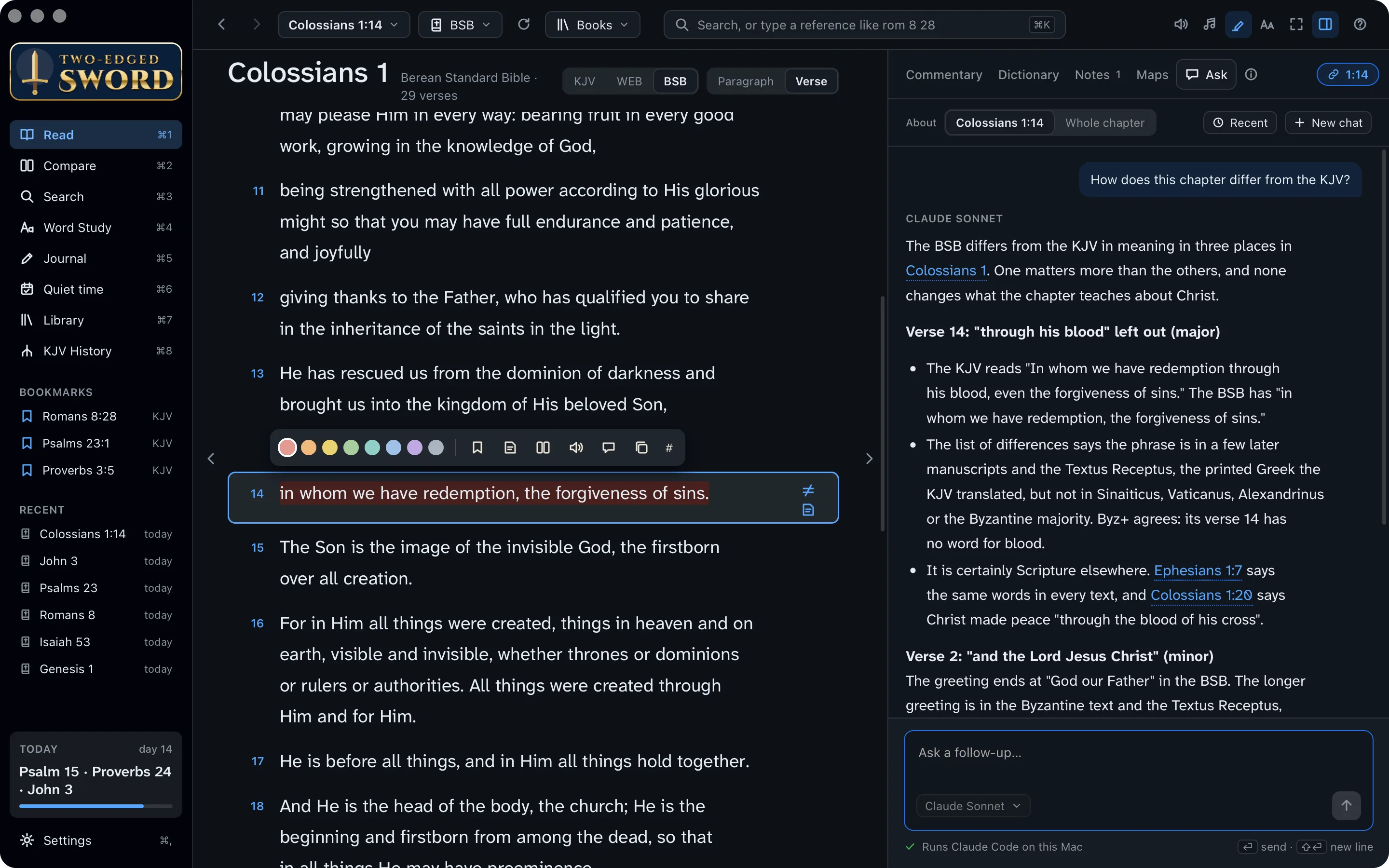 Ask in the study pane, answering how Colossians 1 in the BSB differs from the KJV