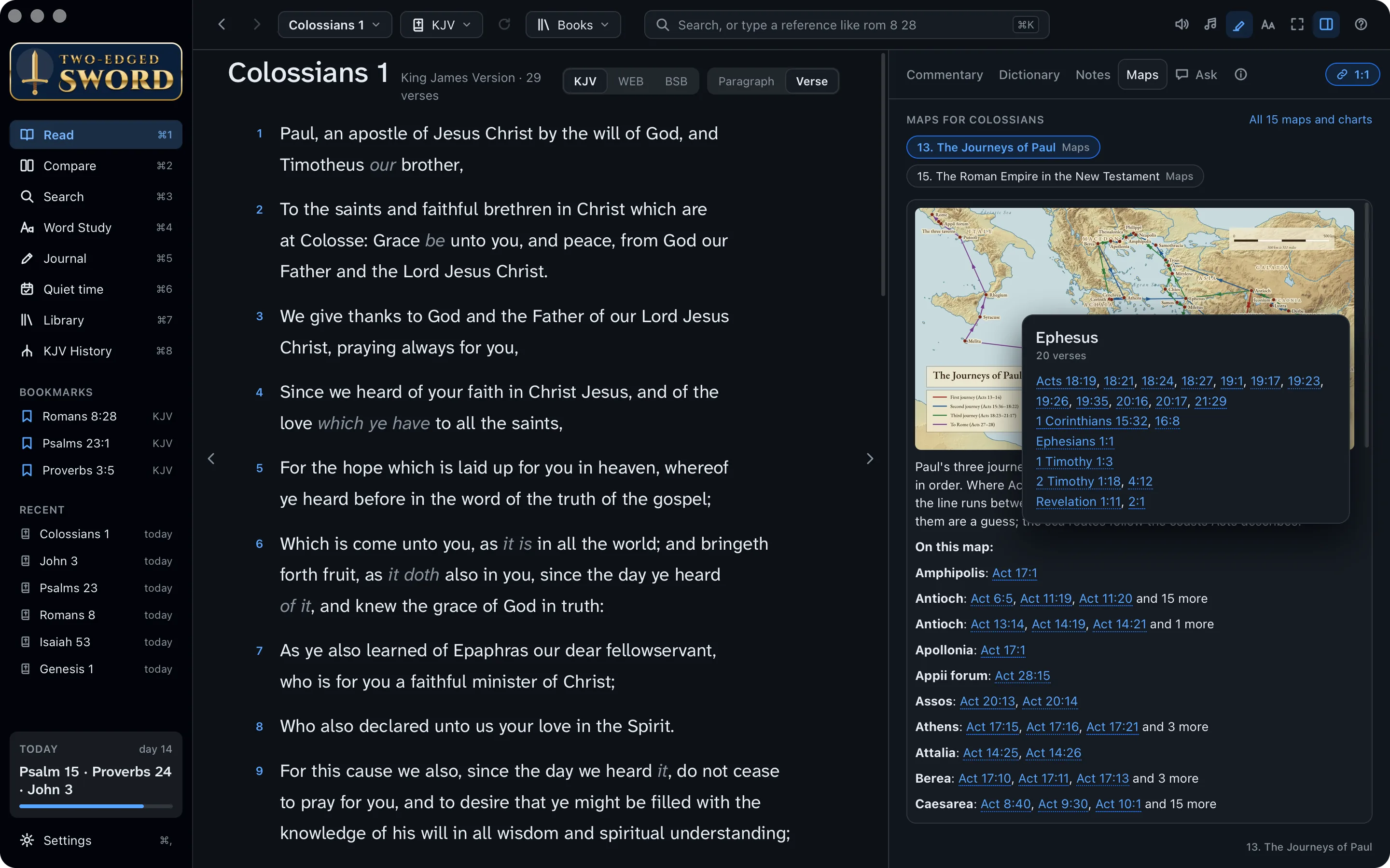 Colossians 1 beside the Maps tab, on the Journeys of Paul, with Ephesus clicked and its verses listed
