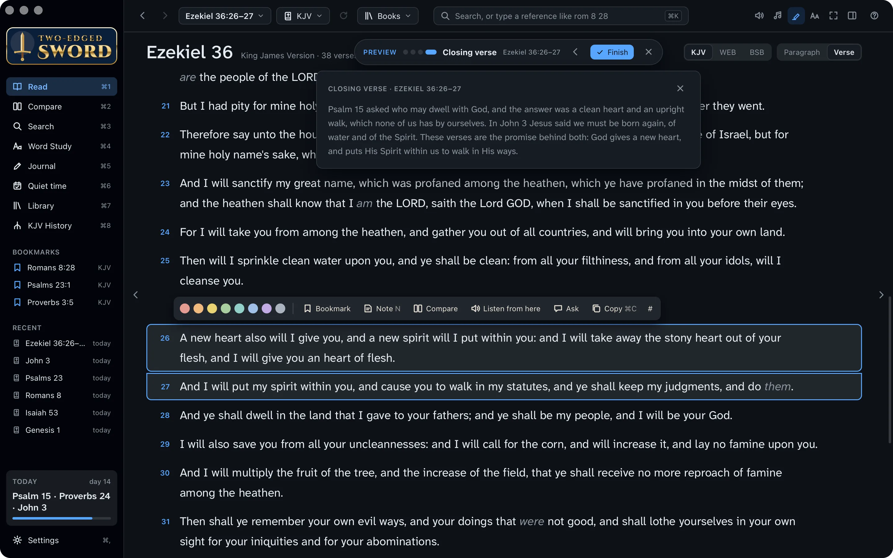 The closing verse, Ezekiel 36:26–27, highlighted, with how it sums up the day's reading