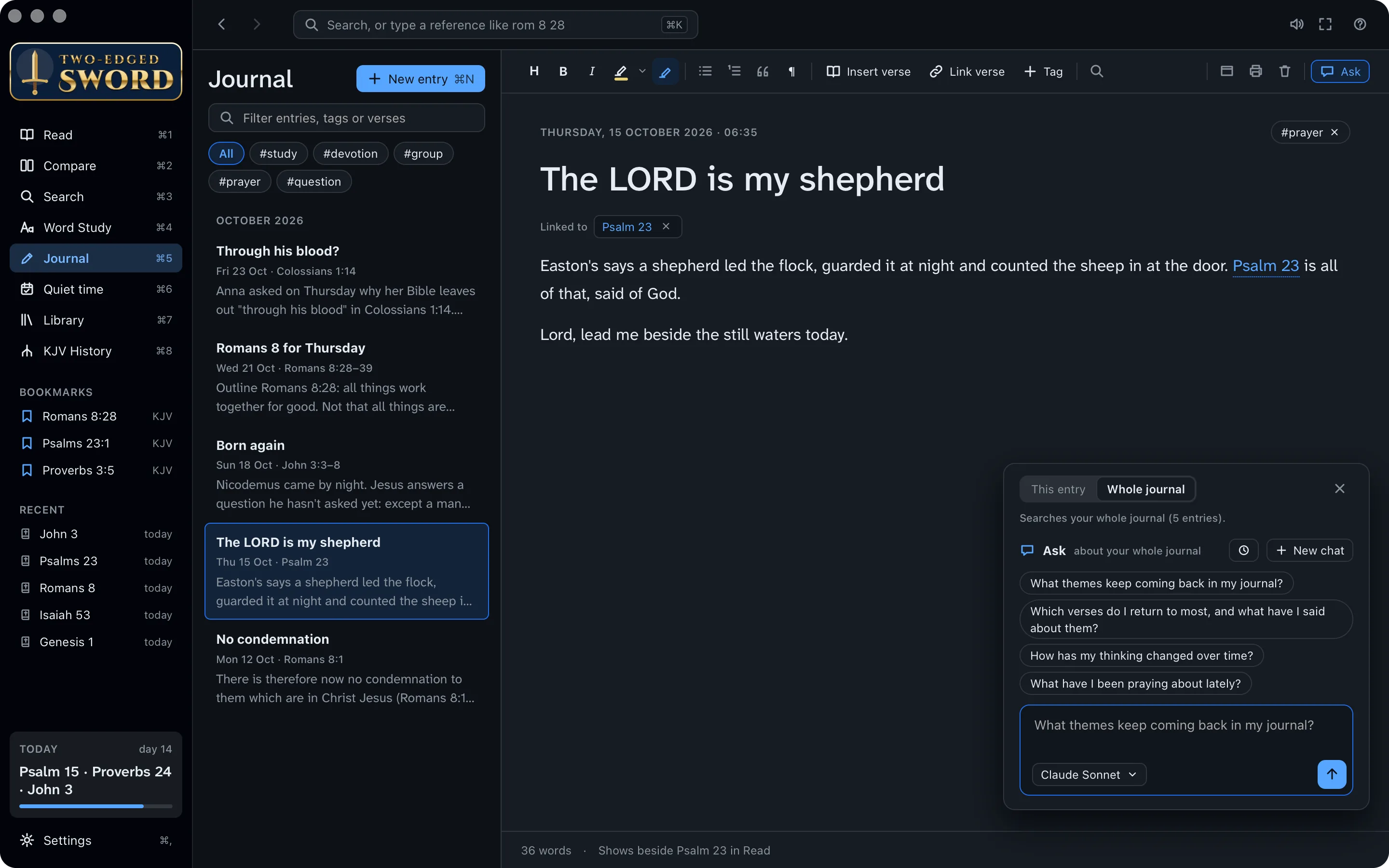 A journal entry on Psalm 23, with Ask open on the whole journal and its suggested questions