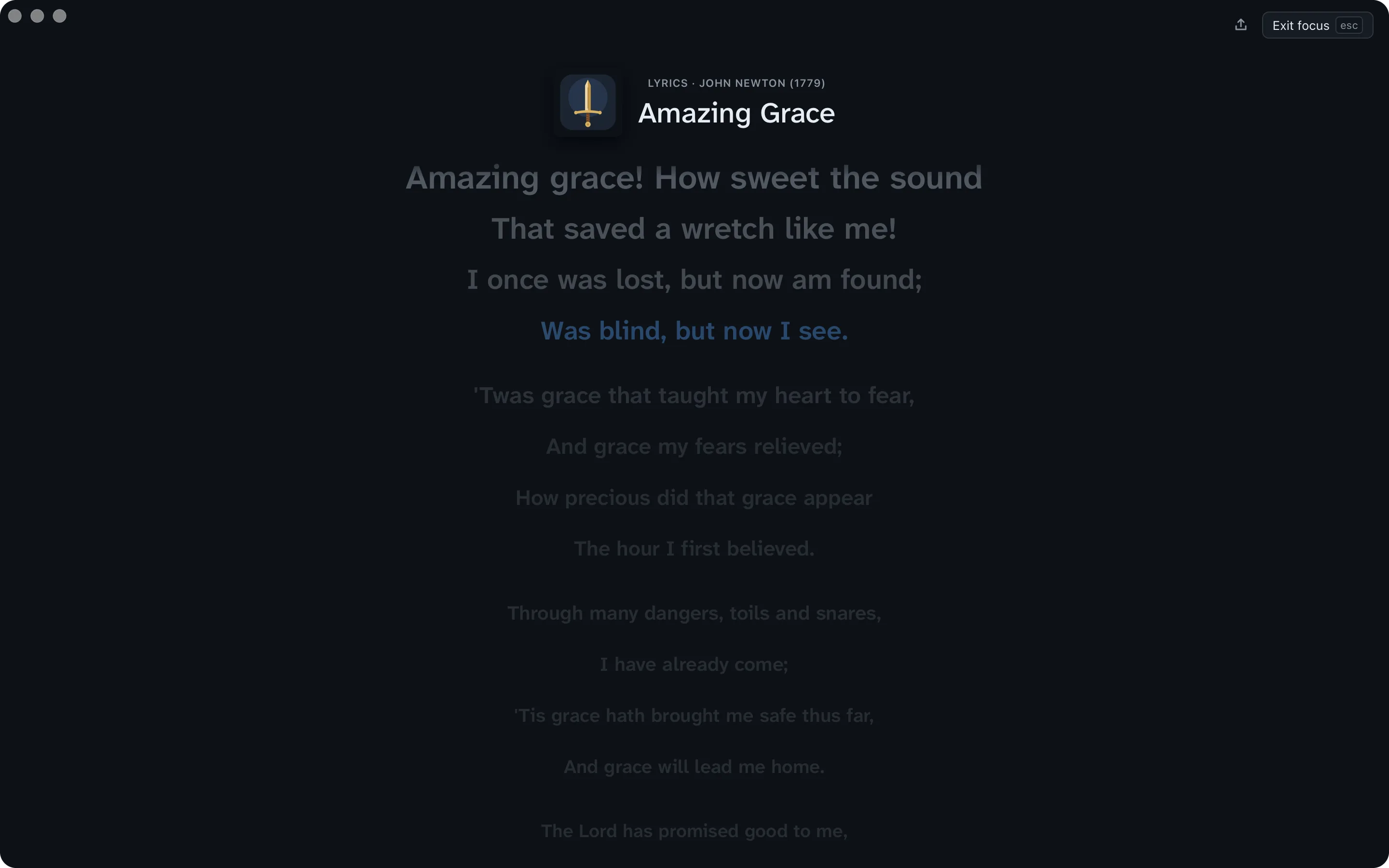Amazing Grace in focus mode, across the whole window