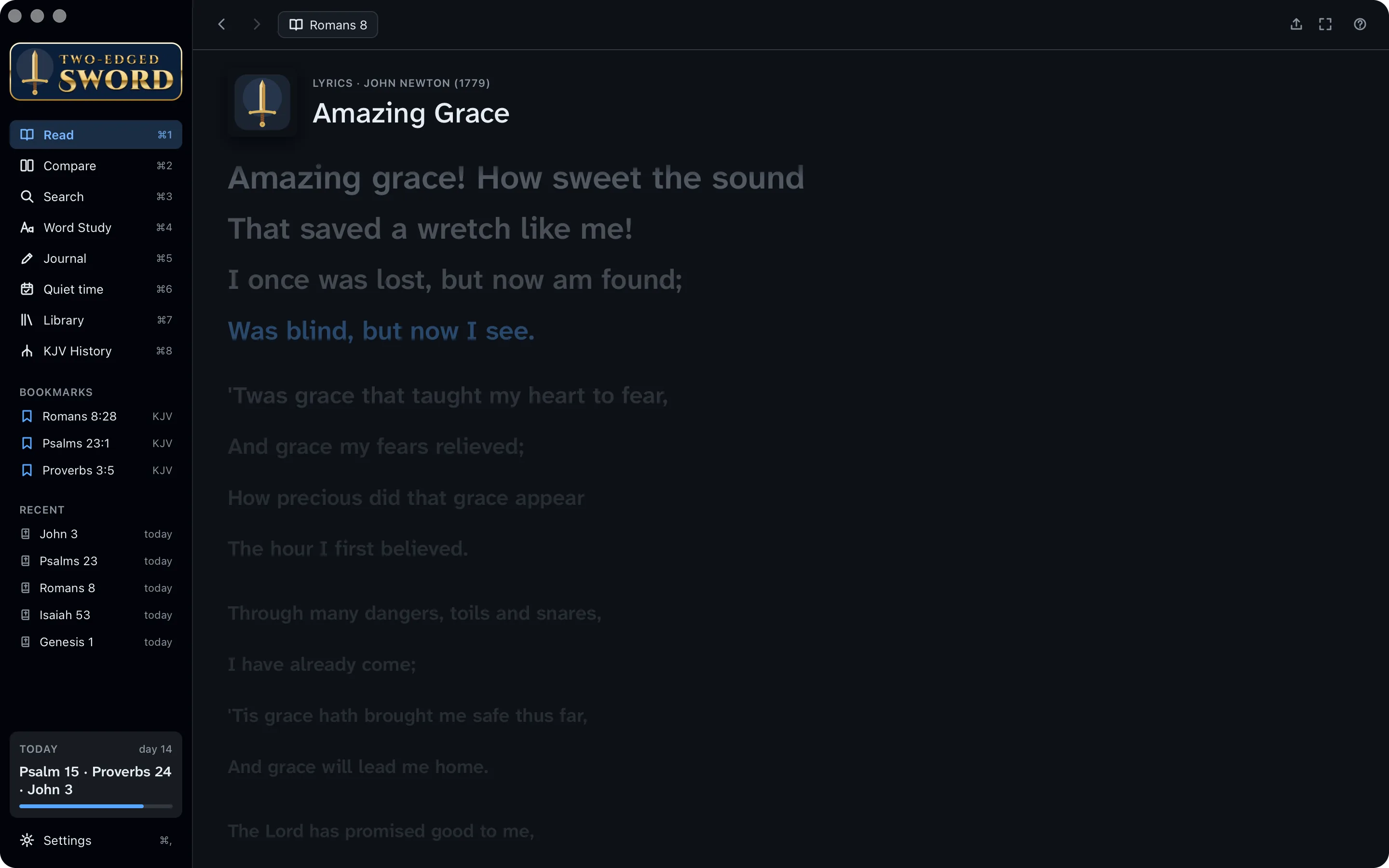 Amazing Grace, its words in the reading column with the line being sung lit