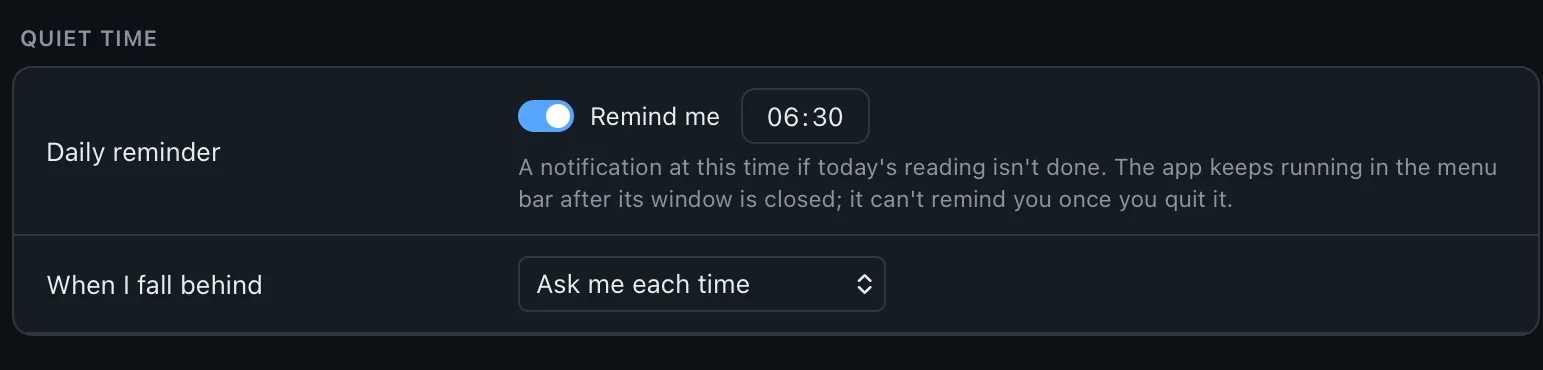 Settings › Quiet time: the daily reminder on at 06:30