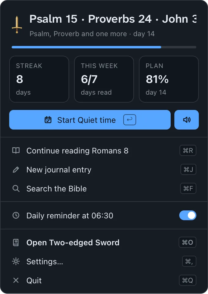 The menu-bar window: today's reading, the streak, this week and Start Quiet time
