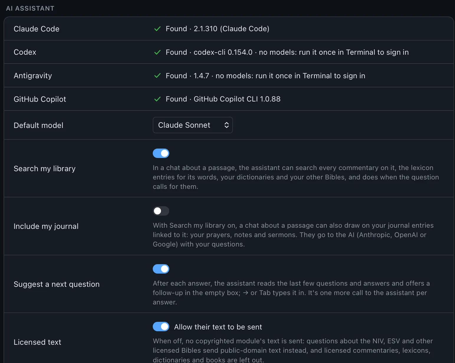 Settings, at AI assistant: the tools found, the default model, and what Ask may read and send