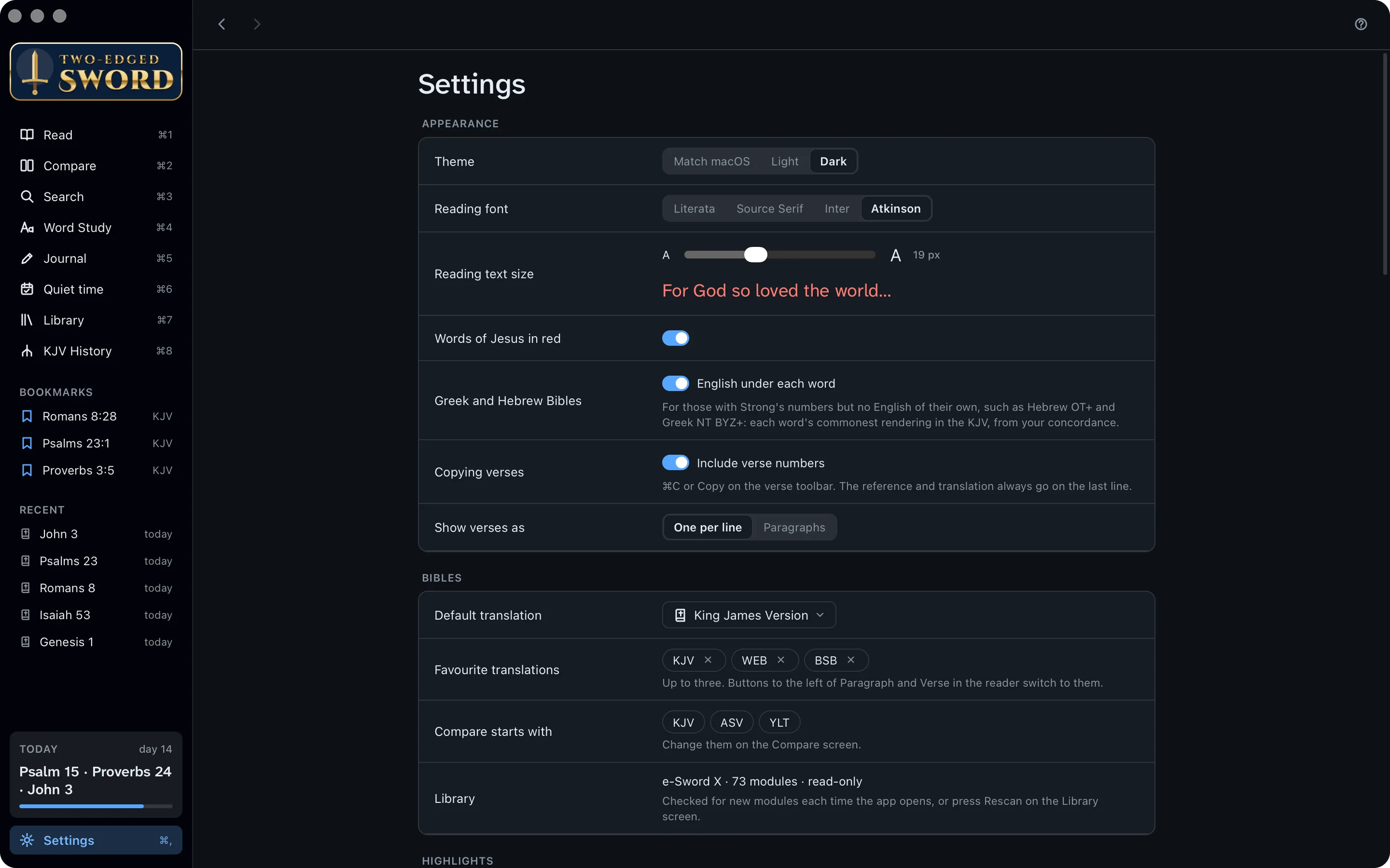 Settings, at Appearance: theme, reading font, text size and the words of Jesus in red