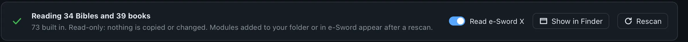 The top of the Library: Read e-Sword X, Show in Finder and Rescan