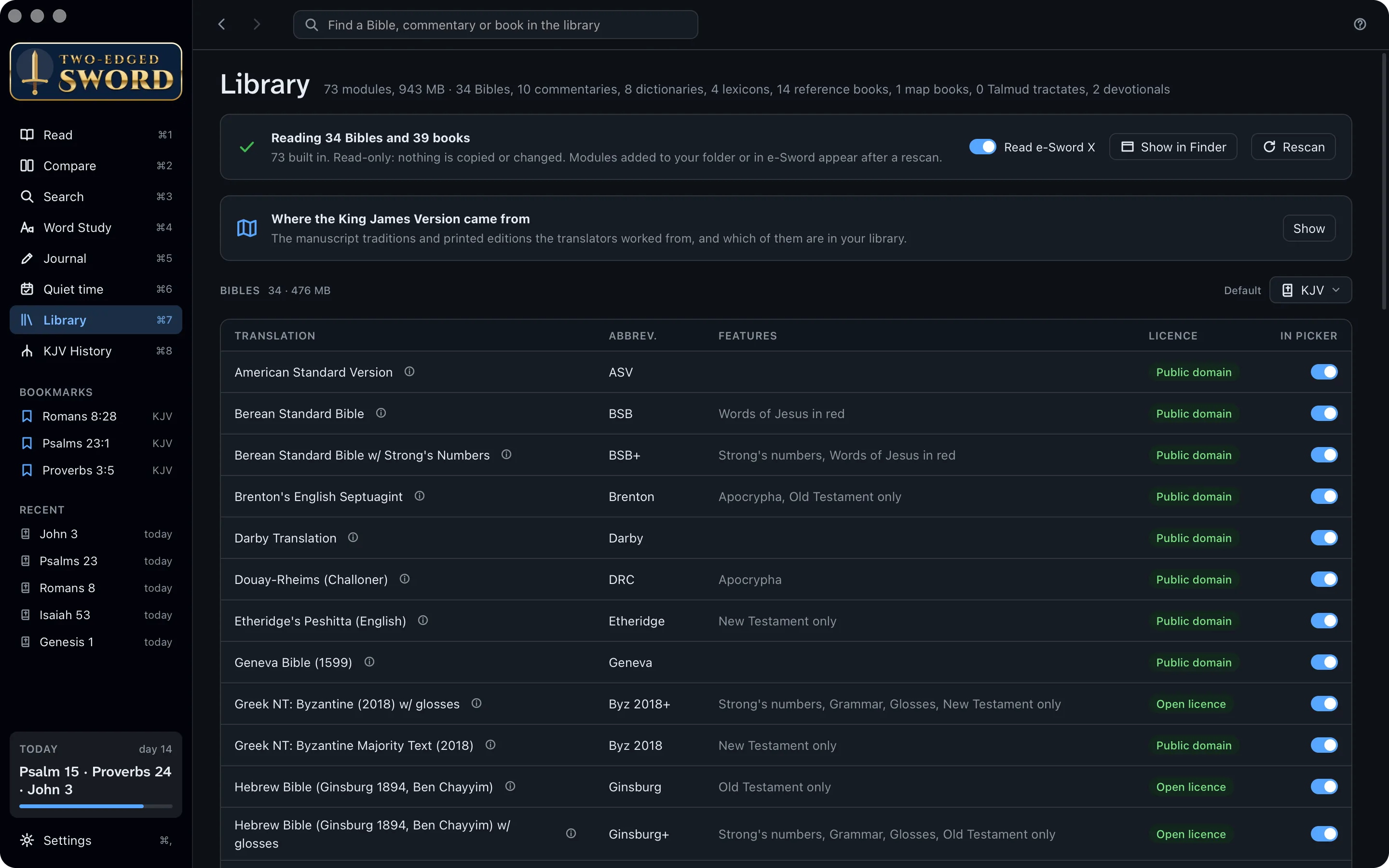 The Library screen, listing the Bibles with their features, licences and In picker switches