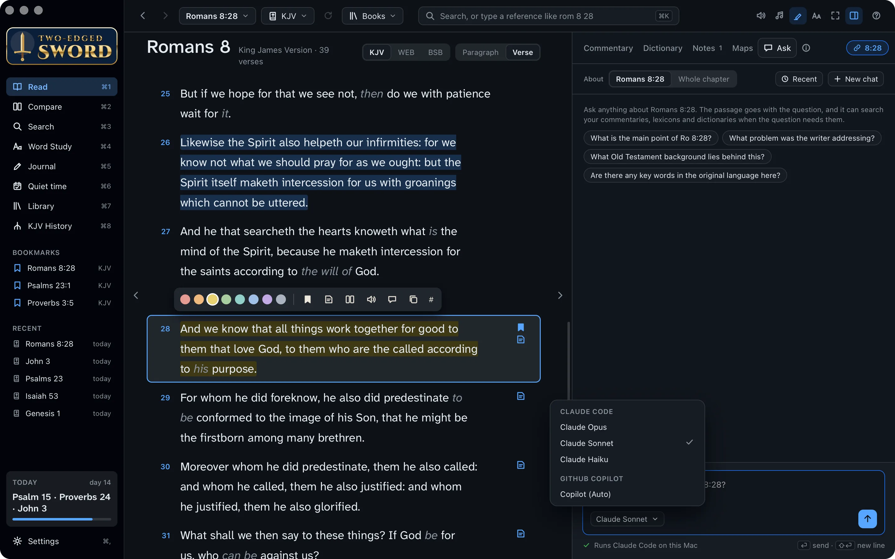 The Ask tab beside Romans 8:28, with the model menu open: Claude Opus, Sonnet and Haiku, and Copilot